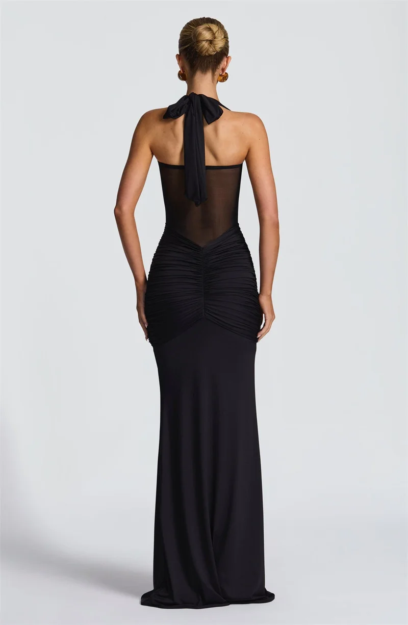 Mozision Halter-Backless Sexy Maxi Kleid Frauen Mode Patchwork Off-schulter Ärmellose Geraffte Drapierte Bodycon Club Party Kleid – Detail 18