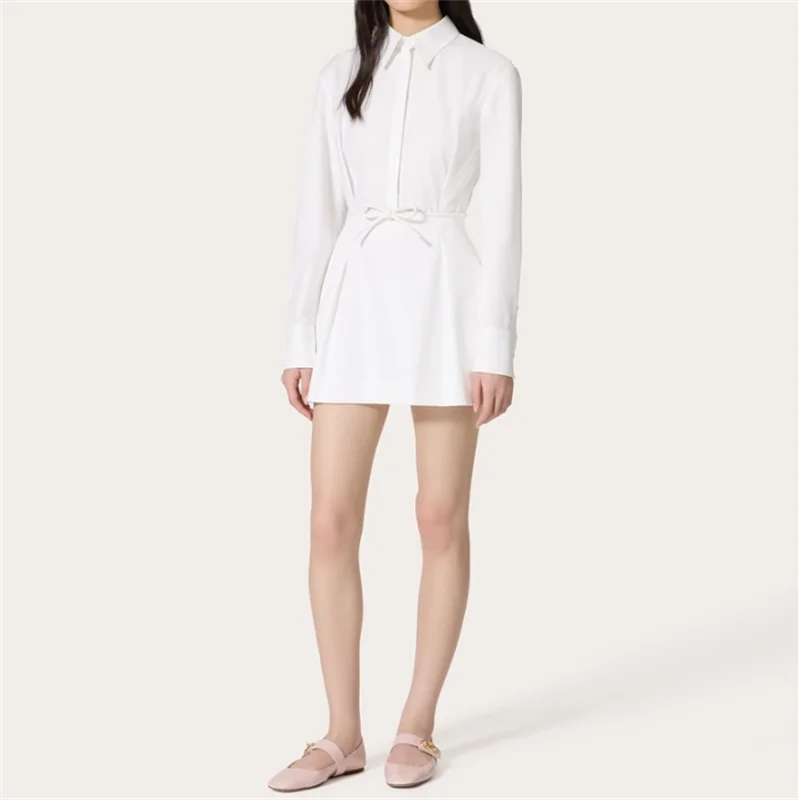 

elegant party dresses woman 2024 autumn new lace up slim fit pure cotton Short dresses Long sleeved mini dress y2k white dress