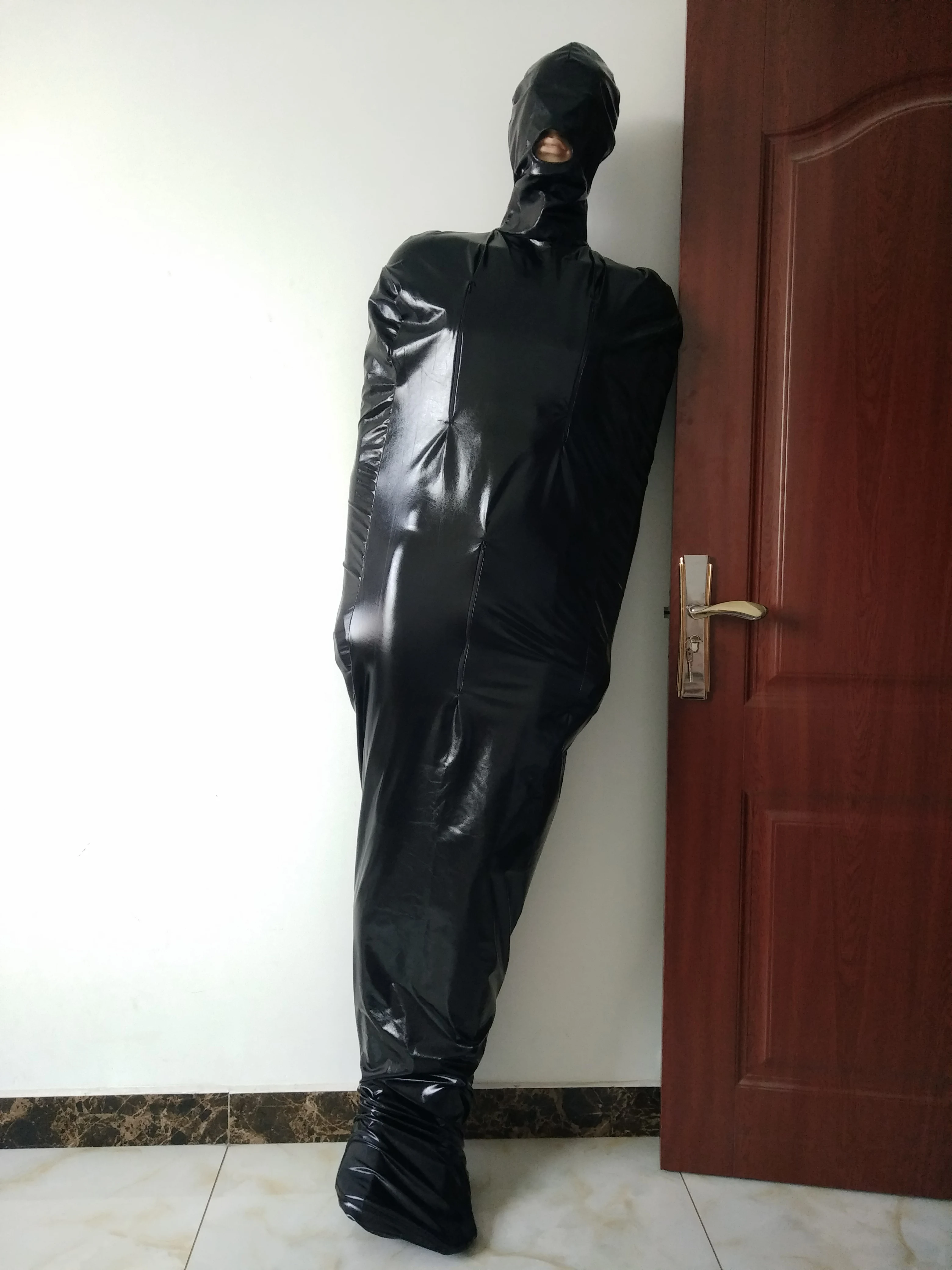 Black Shiny Metallic Mummy Costumes Sleeping Bag have inner sleeves Sexy Catsuit with crotch and breast zipper Halloween Cosplay