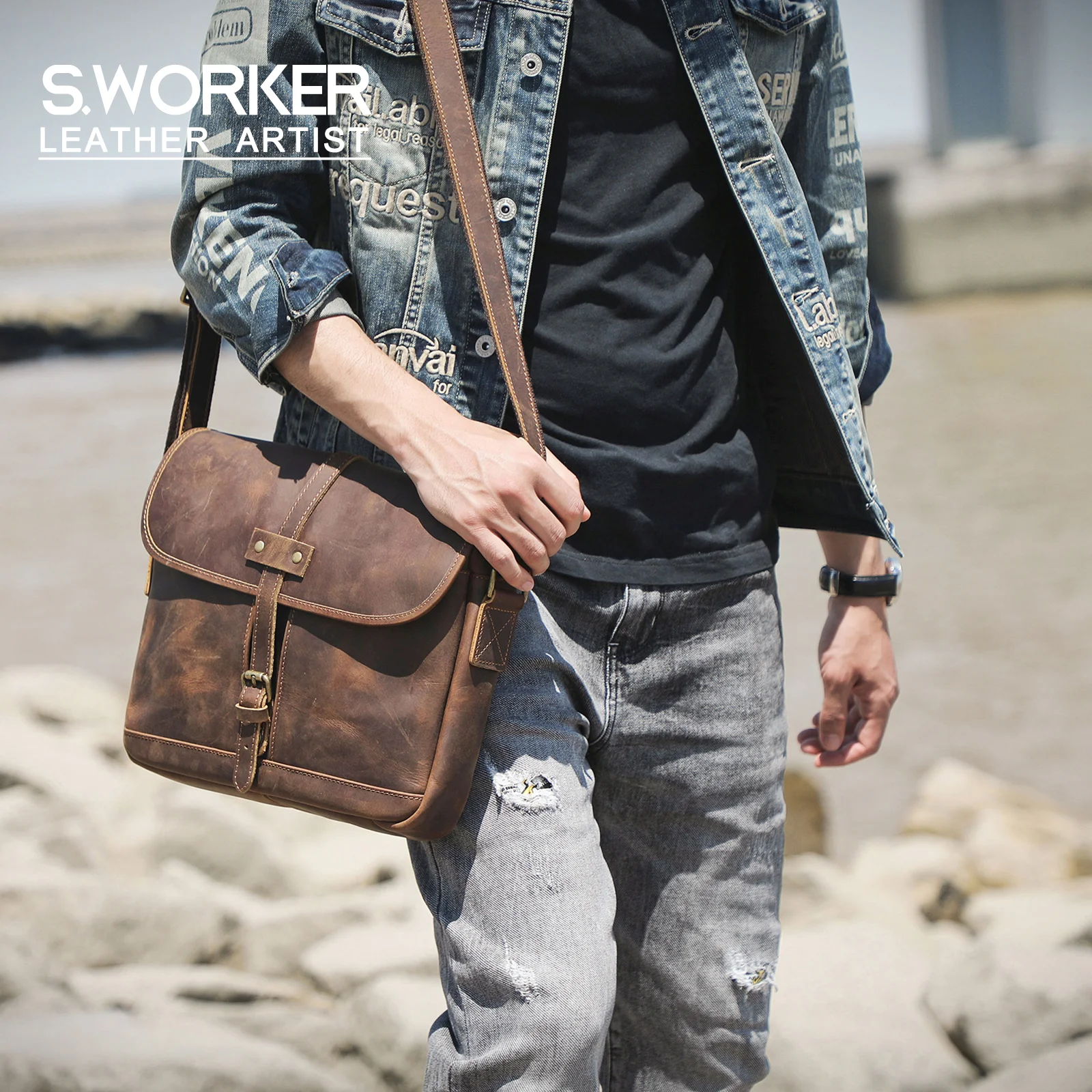 S.WORKER Vintage Echtleder Herren-Umhängetaschen Handgefertigte 12-Zoll-Tasche für iPad, Handy und Schlüssel Geschenk für Männer – Detail 2