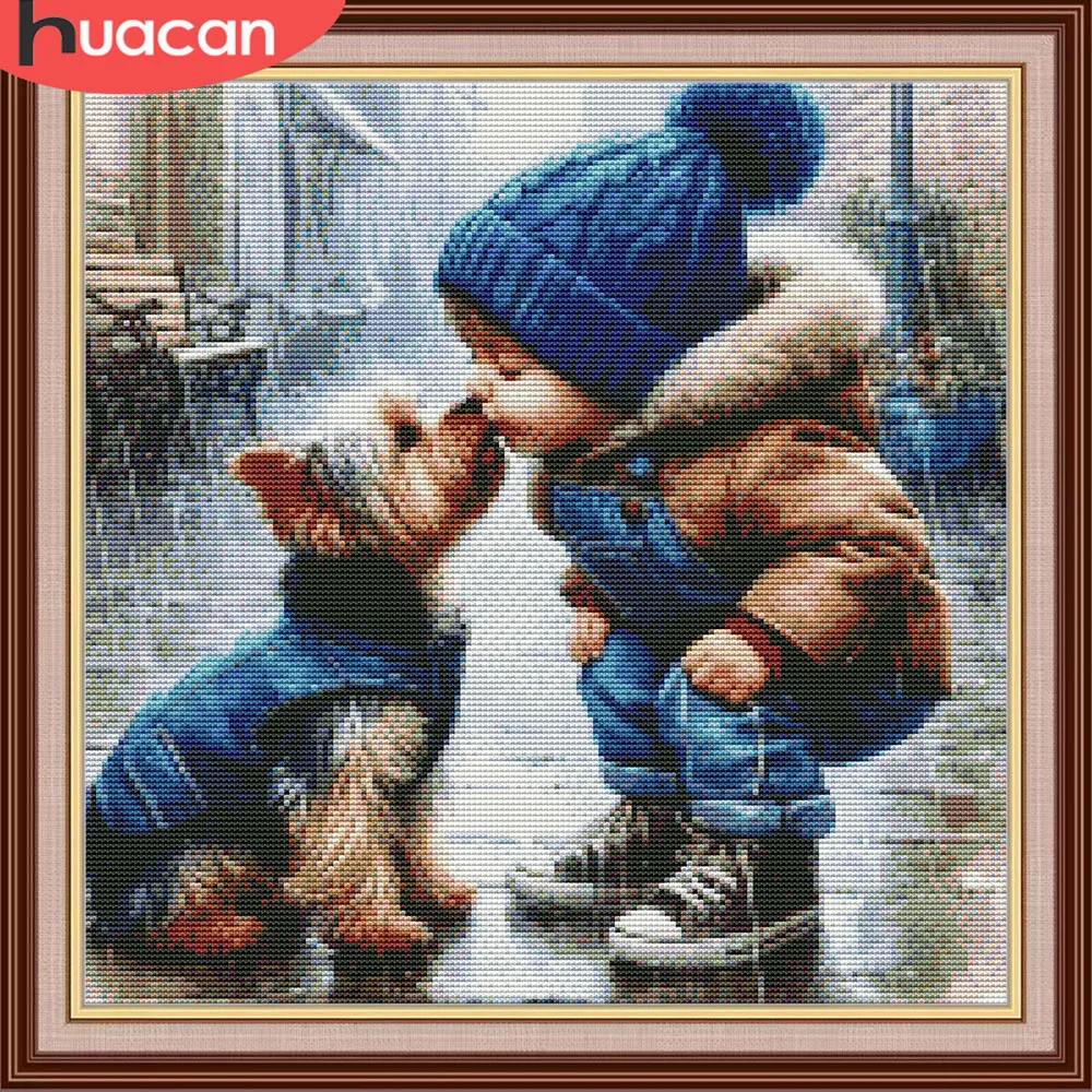 HUACAN Cross Stitching Sets Girl Dog Portrait Cross Stitch Animal Hobby Craft 11Ct Picture Printed Canvas Wall Decor