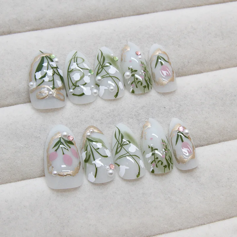 

24pcs Sweet Orchid Fake Nails Sweet Cute Ins Style Wearing False Nails Wearable Full Cover Fairy Flowers Almond Press on Nails