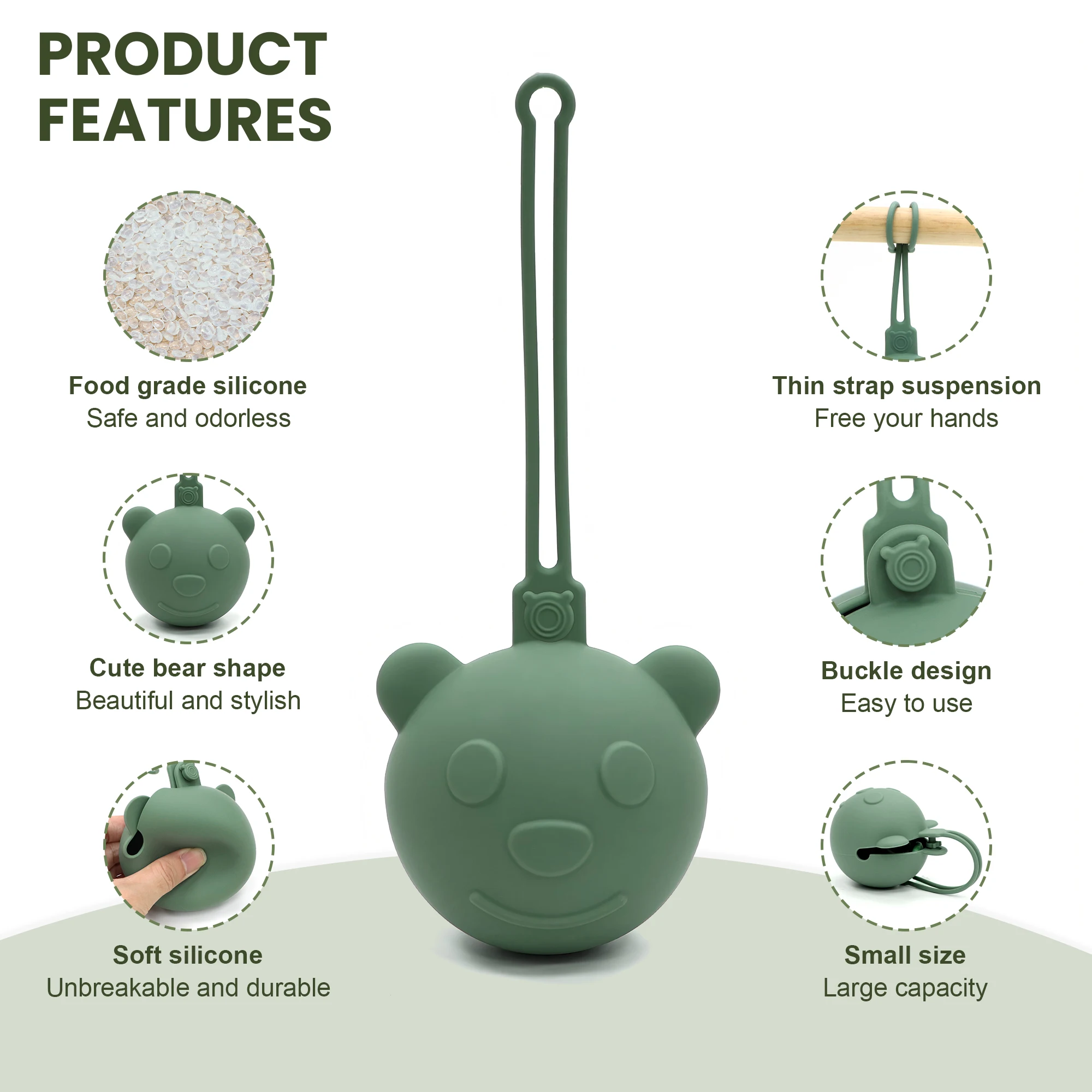 Bear-shaped portable silicone pacifier box, storage bag, can be used as a stroller accessory, diaper bag, or backpack charm.