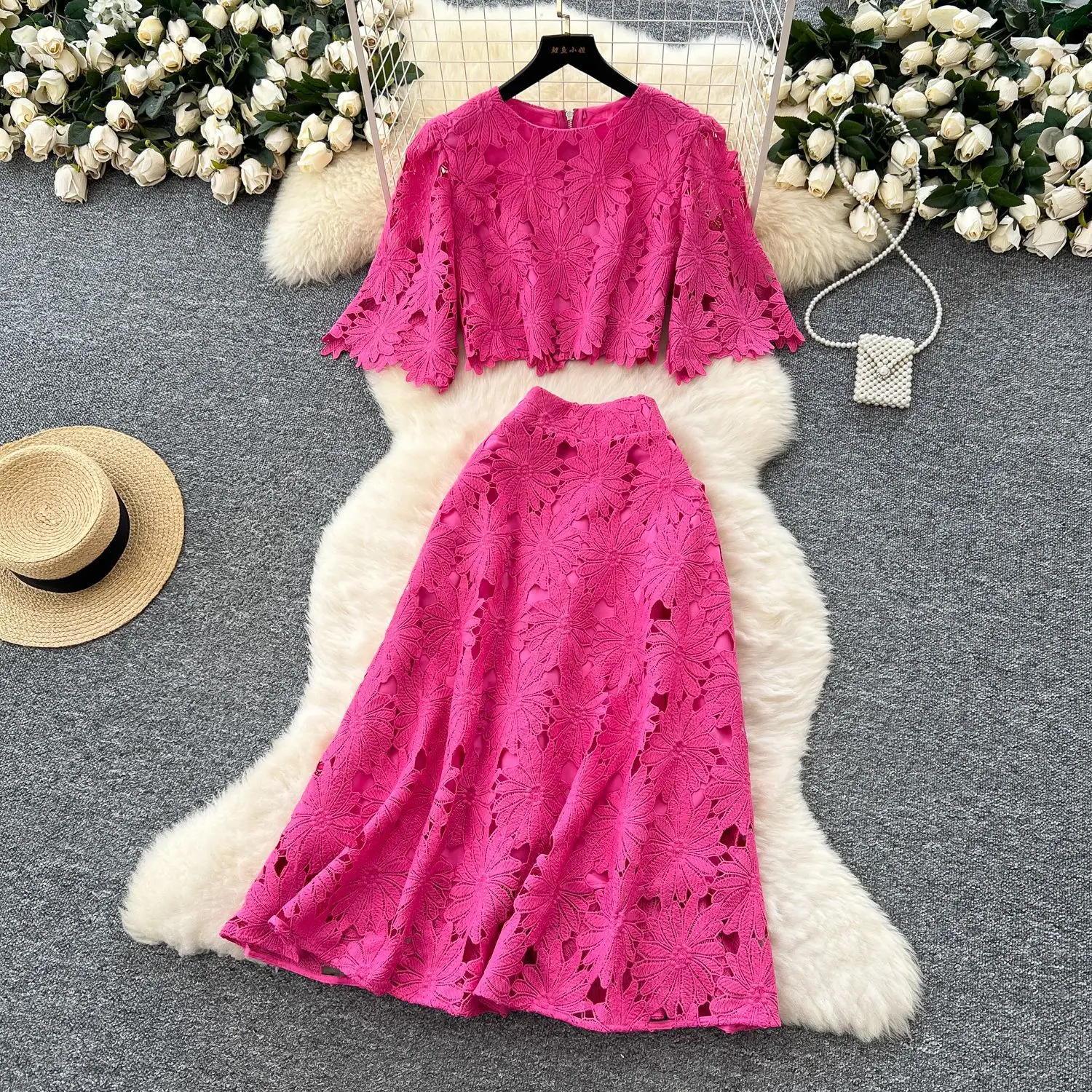 Franse stijl uitgeholde top en rok set mode casual tweedelige outfit voor vrouwen tuin feestjurk roze bruiloftsgastjurk