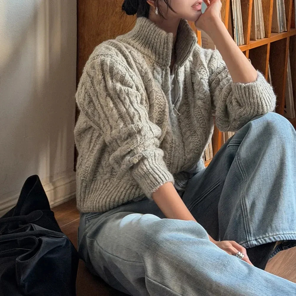 Korean Sle Thiened Heavy Work Long Sve Knitted Cardigan Sweater Zipper f High Collar Women's Outerwear Spring 2026