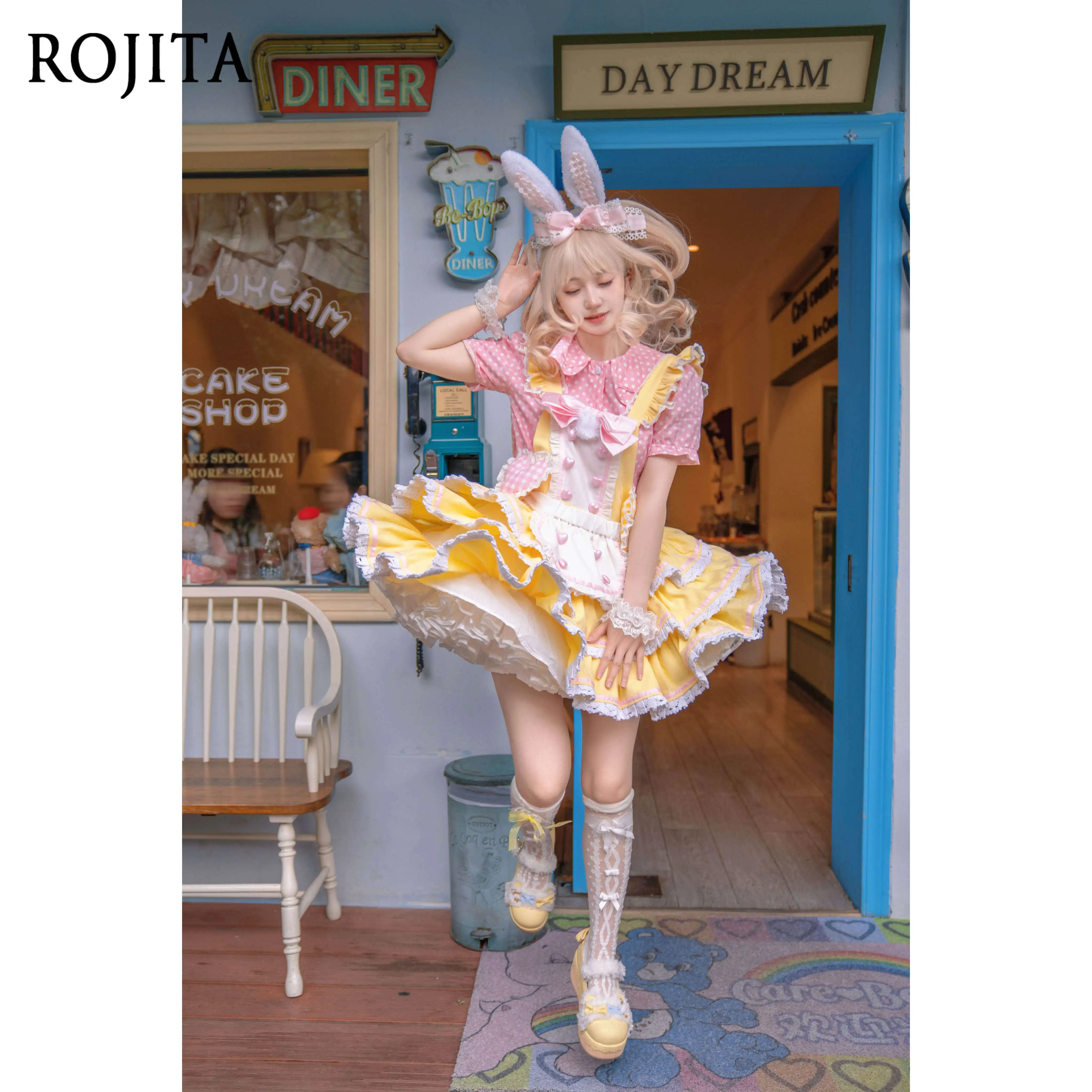 

Yellow Ruffle Apron Kawaii Dress 2026 New Lolita Strap Dress Princess Dresses JSK Dress + Apron + 2 Heart Decorations