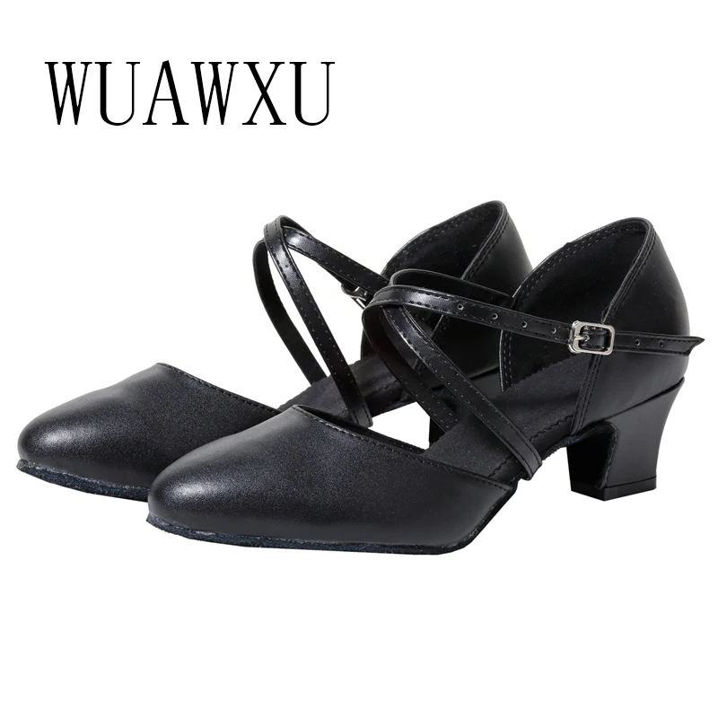 New Black True Cowhide Baotou Latin Dance Shoes Women\'s Low Heel Adult Square Social Dance Shoes