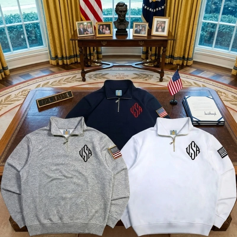 Y2K Retro Harajuku USA Embroidery Quarter Zip Sweatshirt NEW Men Women Streetwear Oversized Pullover Vintage Hip Hop Grunge Tops