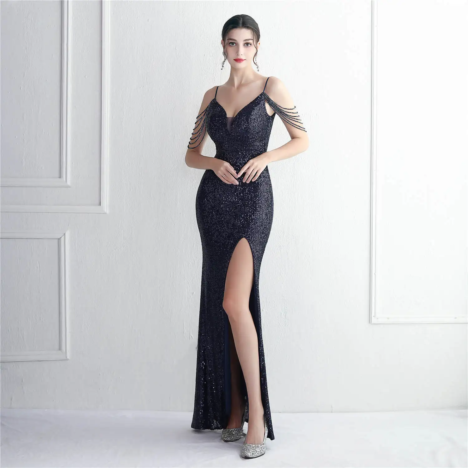 

Beauty-Emily Sexy Spaghetti Strap Mermaid Evening Dress High Slit Sparkly V Neck Long Prom Gowns Open Back Wedding Party Dresses