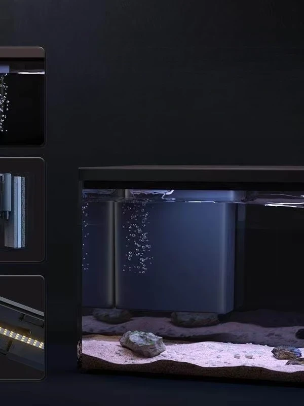 a Intelligent Fish Tank Ultra White Glass Back Filter All-in-One Rectangular Desktop Aquarium Grass Landscape Lighting