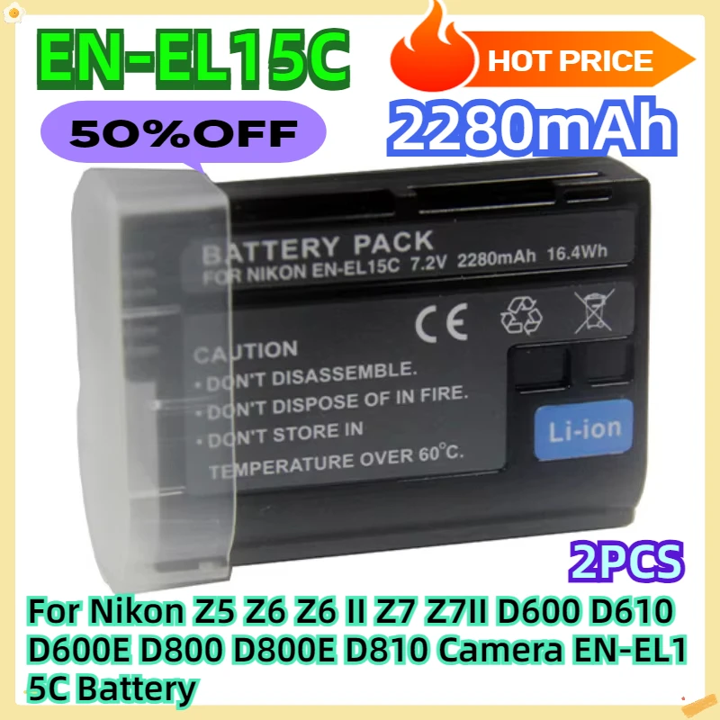 

For Nikon Z5 Z6 Z6 II Z7 Z7II D600 D610 D600E D800 D800E D810 Camera 2280mAh EN-EL15C Battery 2pcs