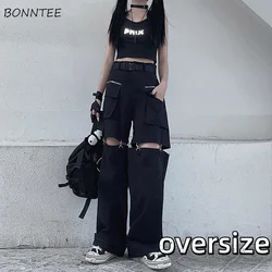 Black Casual Pants Women New Ins Design Cargo Loose Summer Thin Removable BF Streetwear Zippers High Waist Korean Style Ladies