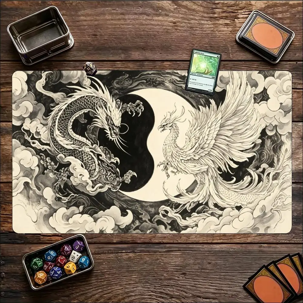 Yin Yang Dragon Phoenix Cloud Art Non‑Slip Rubber Game Playmat Smooth Table Mat For Tabletop Card Game Desktop Gaming Work Setup