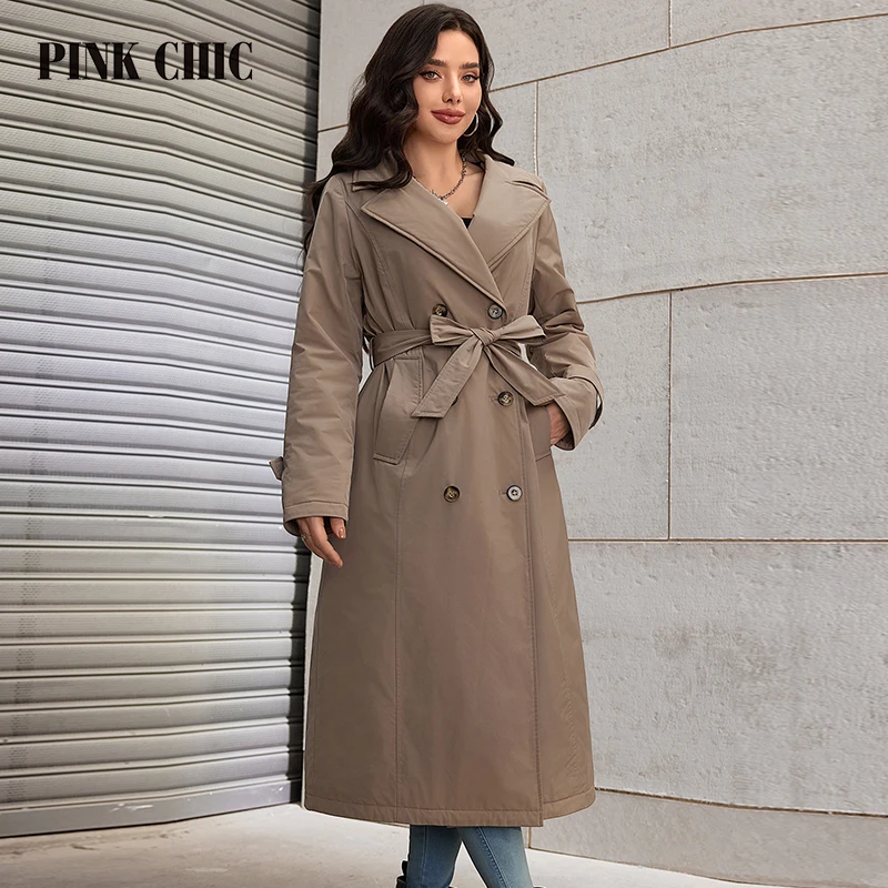 

PINK CHIC 2024 Spring Women's Trench Coat Rollover Women's Trench Coat Hooded Double-breasted Trendy Casual Jacket Coat PC6310