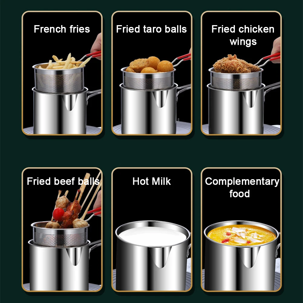 1200ML 304 Stainless Steel Deep Frying Pot with Strainer Basket Multipurpose Fries Fryer for French Fries Chicken Fry Pot Set