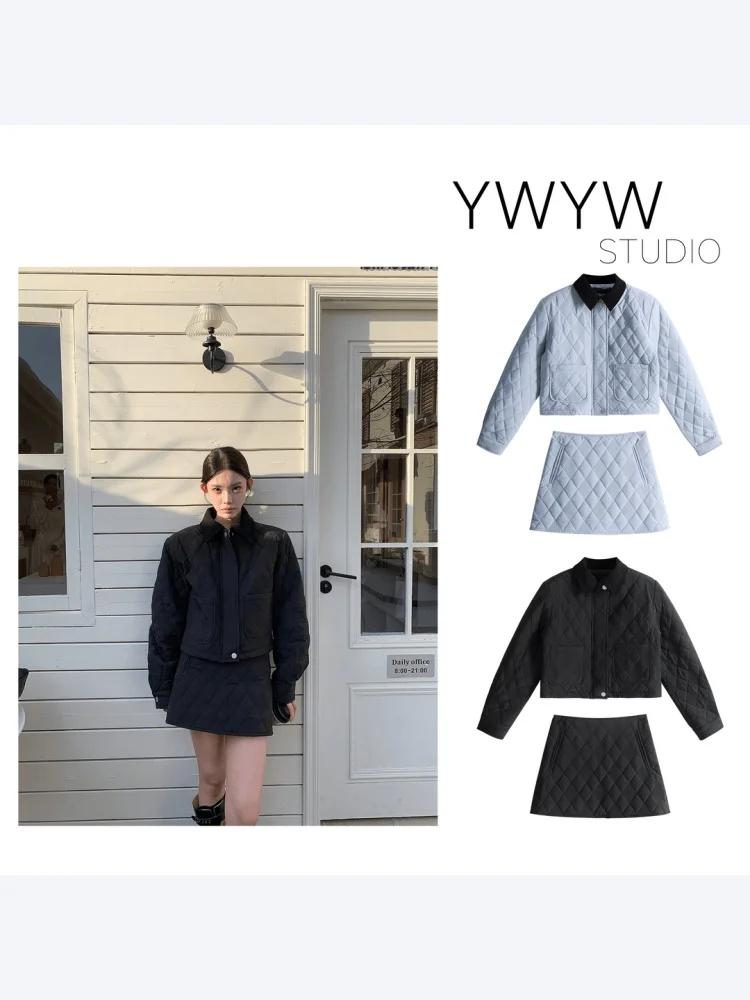 

mat Korean Sle Women's Cotton Jaet And Skirt Set Diamond Patterned Early Autumn New Sle Slim Fit High Waist Skirt