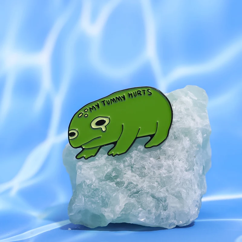 Crying Green Frog Enamel Pins Custom MY TUMMY HURTS Brooches Lapel Badges Cartoon Animal Jewelry Gift for Kids Friends