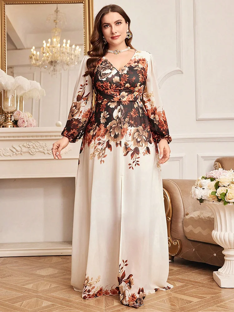 TOLEEN-Women\'s Floral Print Long Dress, Lantern Sleeve, V-Neck, Lantern Sleeve, Luxury, Elegant, Party, Summer, Plus Size, 2024