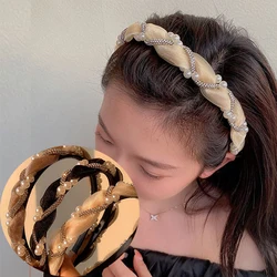 Korean Double Pearl Rhinestone Headband Lace Braided Hairband Hair Hoop Bezel Crystal Headbands for Women Girl Hair Accessories