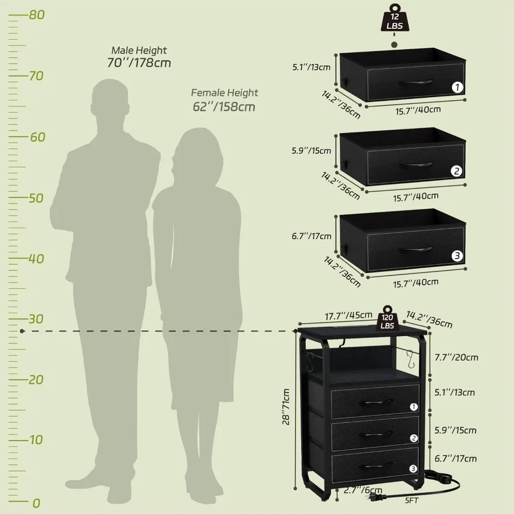 Nightstand, Bed Side Tables Bedroom Set of 2 with Charging Station, Bedside Table with 3 Fabric Drawers and Storage, Nightstand