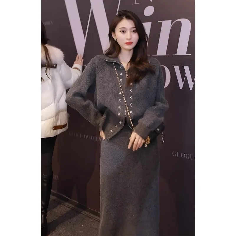 New High Quality Autumn Winter Two Piece Sets for women Turn Down Collar Pullover Sweater + Long Skirt Suits Winter Warm Outfits