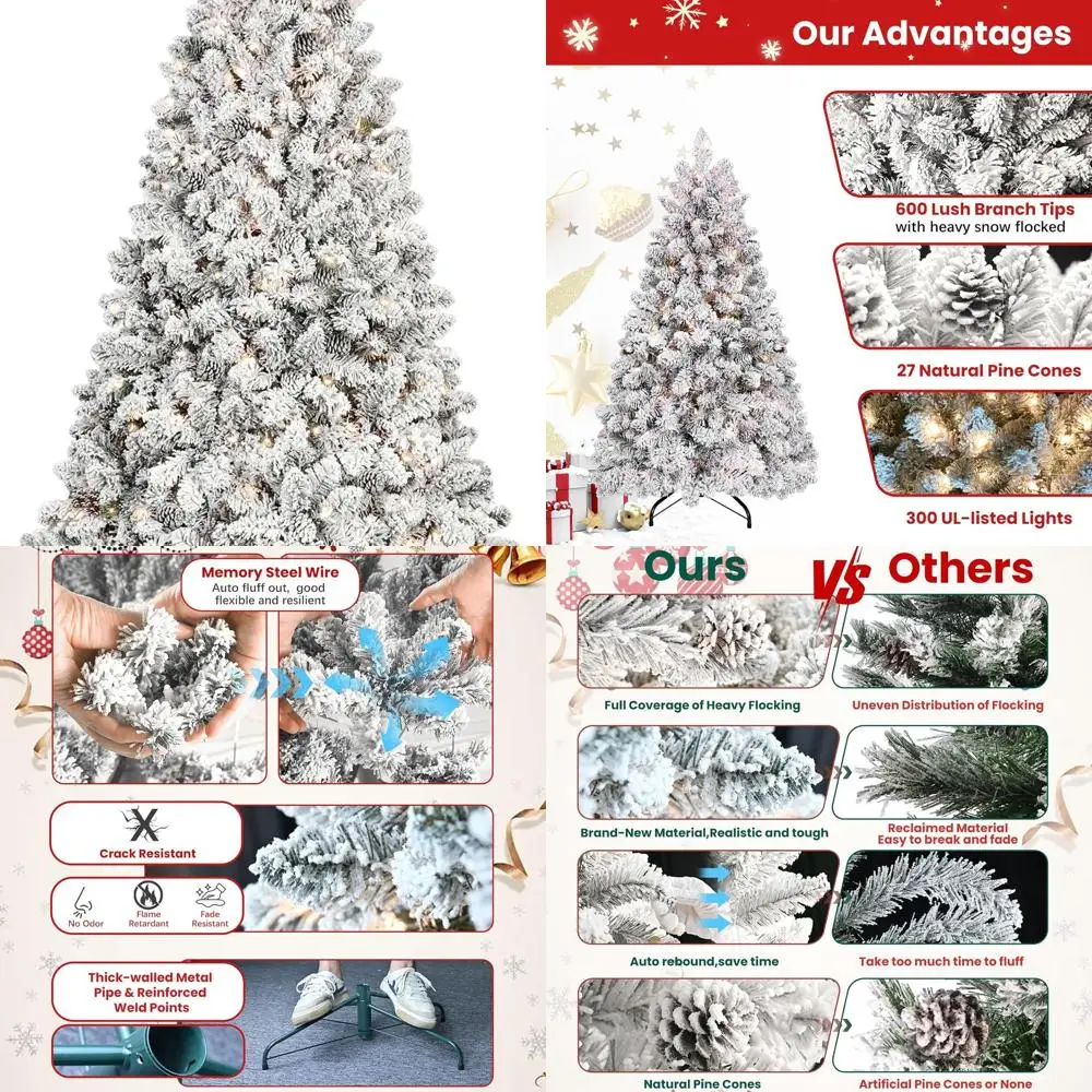 

6ft Snow-Covered Artificial Christmas Tree with 300 LED Lights, Pine Cones, and 600 Branch Tips, Hinged for Easy Assembly