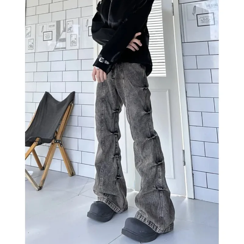 

QWEEK Gothic Vintage Women's Flared Jeans Black Stacked Y2k Streetwear Denim Pants Grunge Korean Fashion Trousers 90s Aesthetic