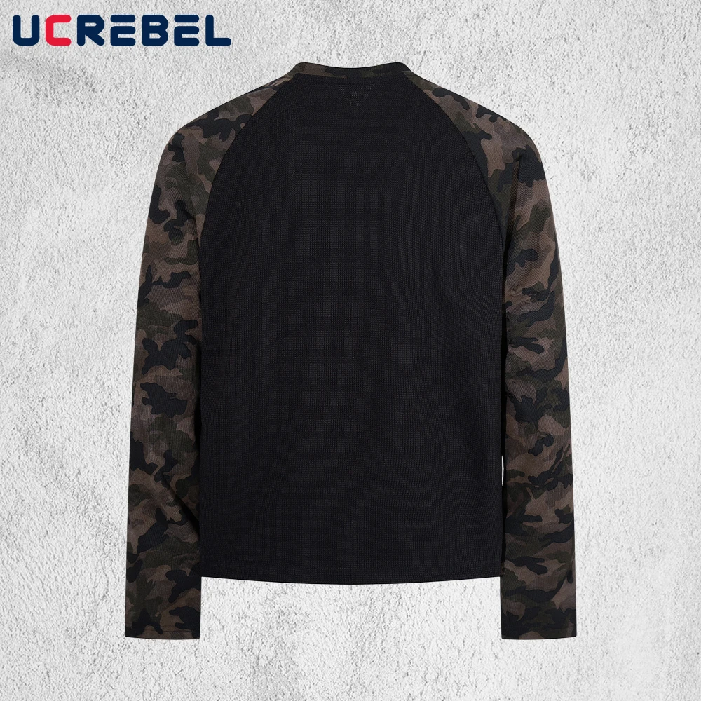 Portrait Print Camouflage Raglan Sleeve T-shirt Mens Streetwear Patchwork Long Sleeve Crew Neck Waffle Texture Tee Man