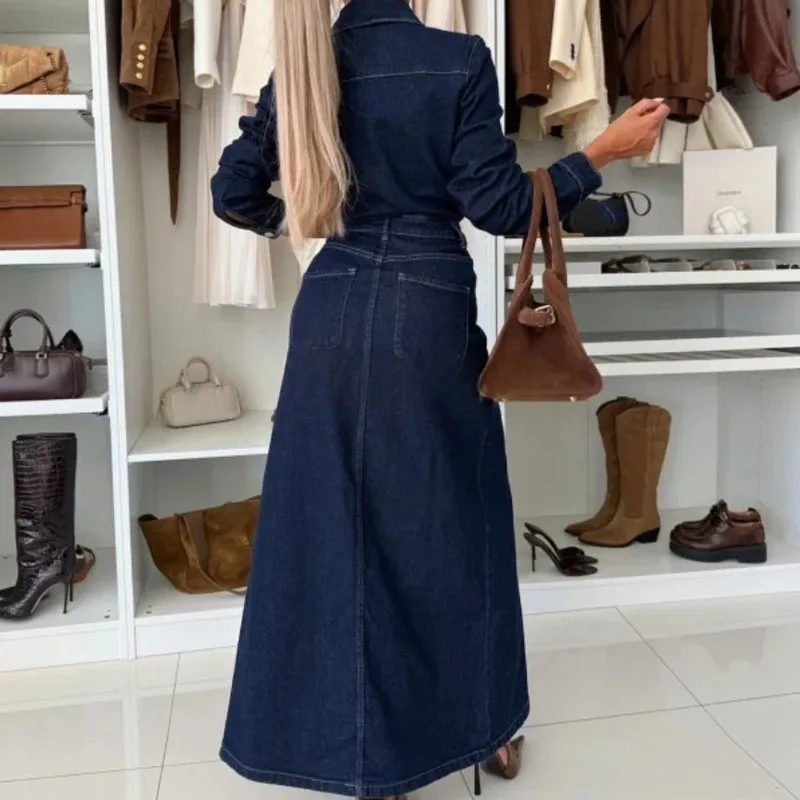 Elegantes, einreihiges, schmales, langes Kleid mit Taschen, lässig, langärmelig, geteilte Partykleider, modisches Hemdkleid mit Umlegekragen und festem Hemdkleid