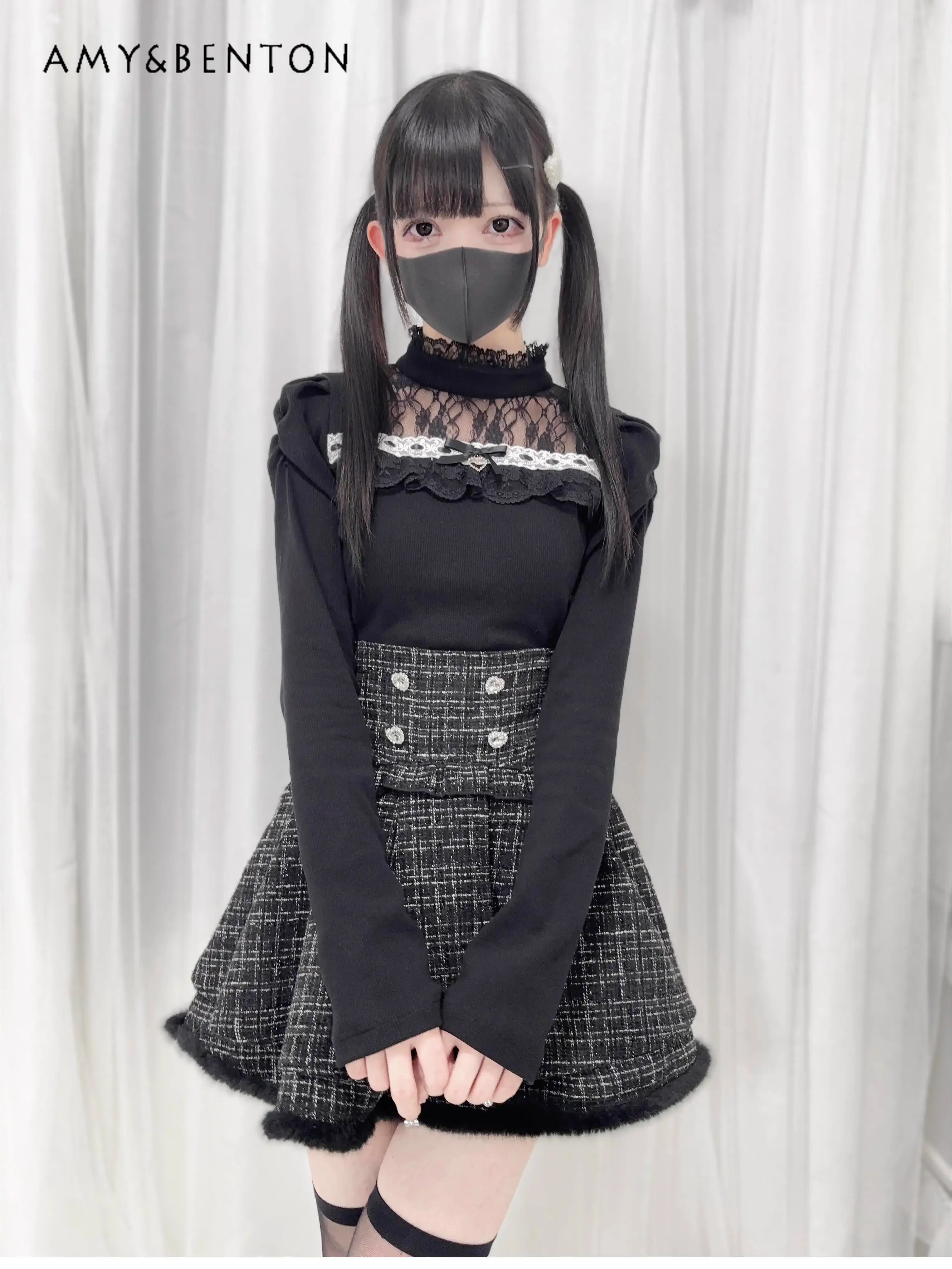 Lace Splicing Stand-up Neck Long-sleeved Knitted Sweater Bottoming Japanese Mine Series Mass-produced Versatile Lolita Jumper