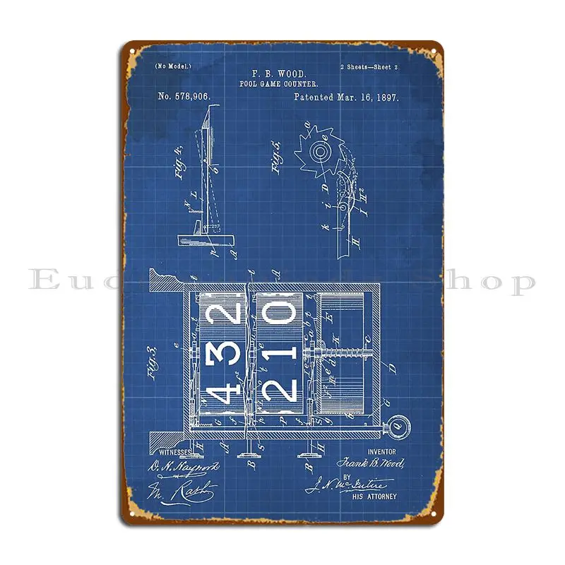 51 1 Pool Game Counter Old Patent Year 1897 Sheet 2 Blue Blueprint Metal Plaque Poster Garage Character Vintage Tin Sign Poster