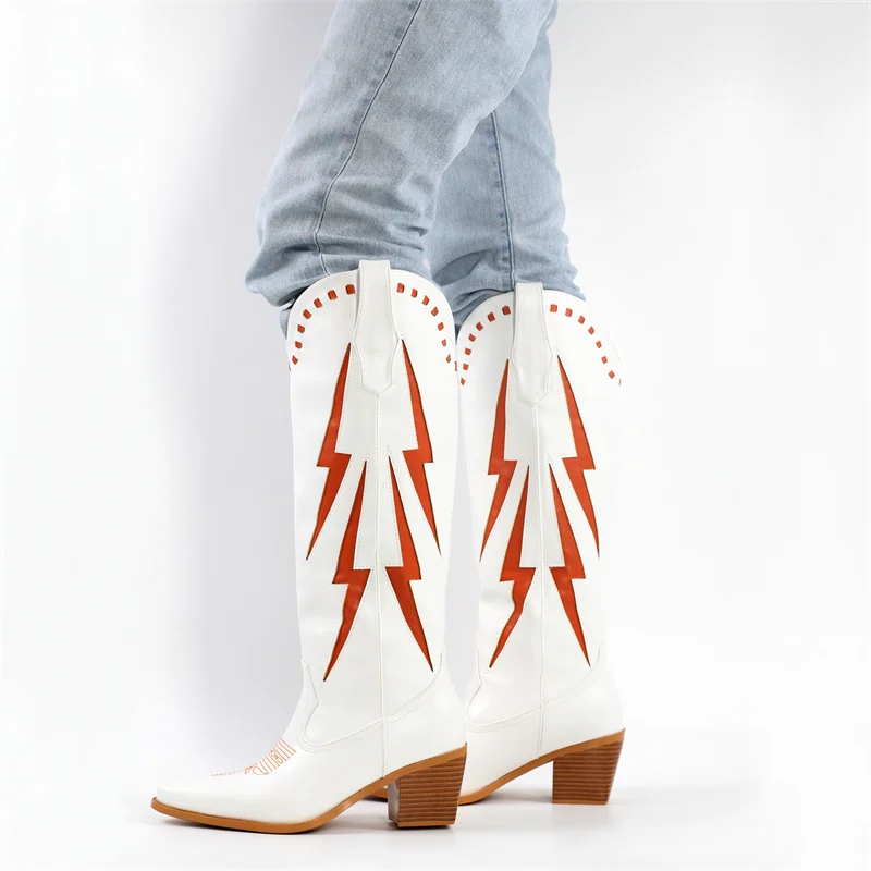 Onlymaker Women White Knee High Boots Western Cowboy Boots Wide Calf Embroidered Pointed Toe Block Heel Pull-On Cowgirl Booties