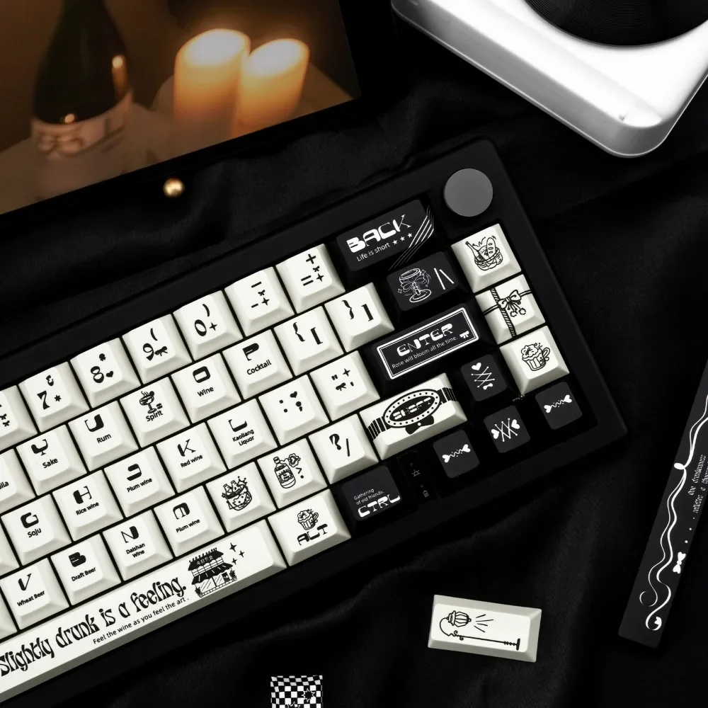 Slightly Drunk Theme Keycap Set 151Key PBT Custom Black White Keyboard Cap Cherry Profile Gaming Key Cap for Mechanical Keyboard