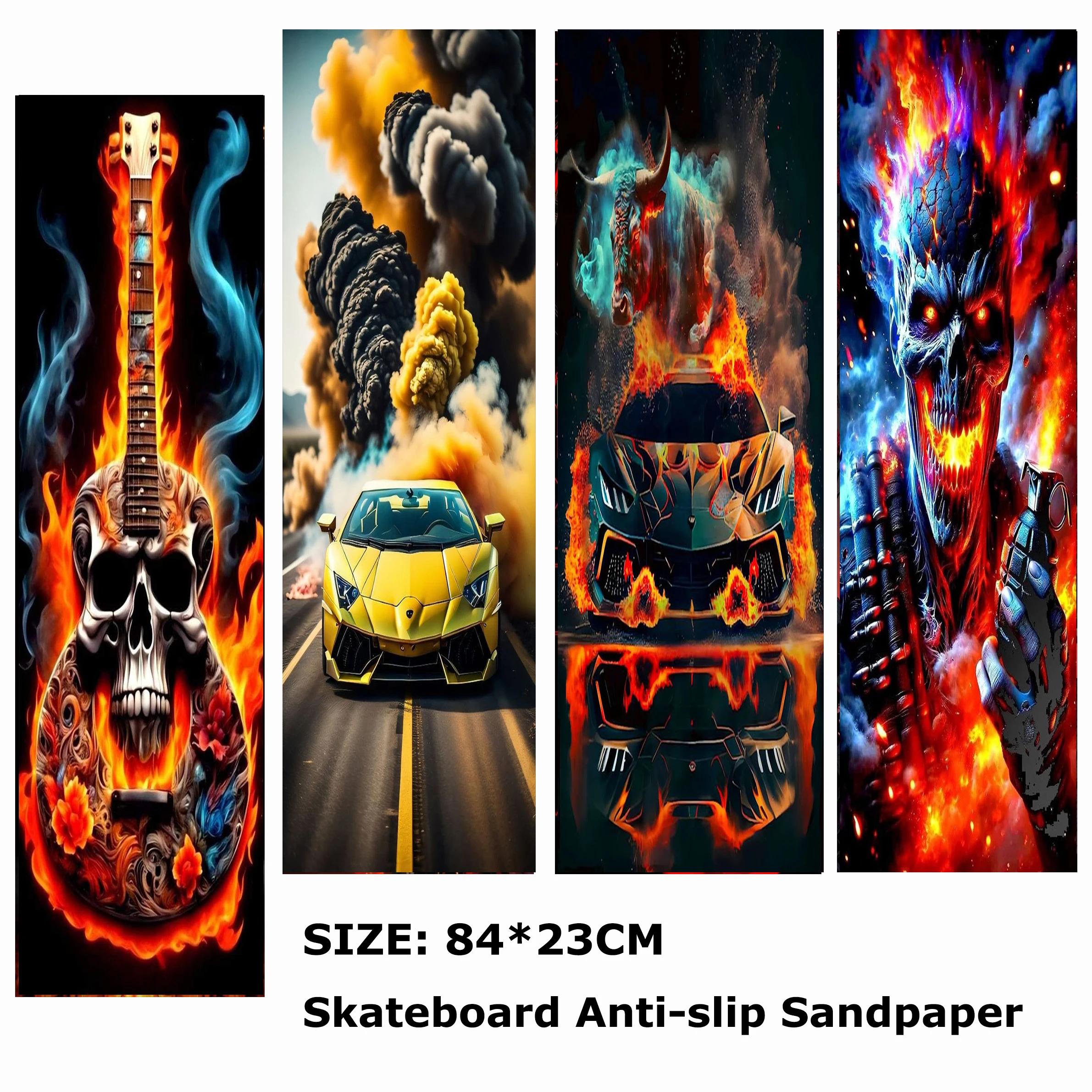 

Flame Skull Sports Car Pattern Electric Scooter Anti-slip Sticker Sandpaper Skateboard Grip Tape Sheet 84*23cm