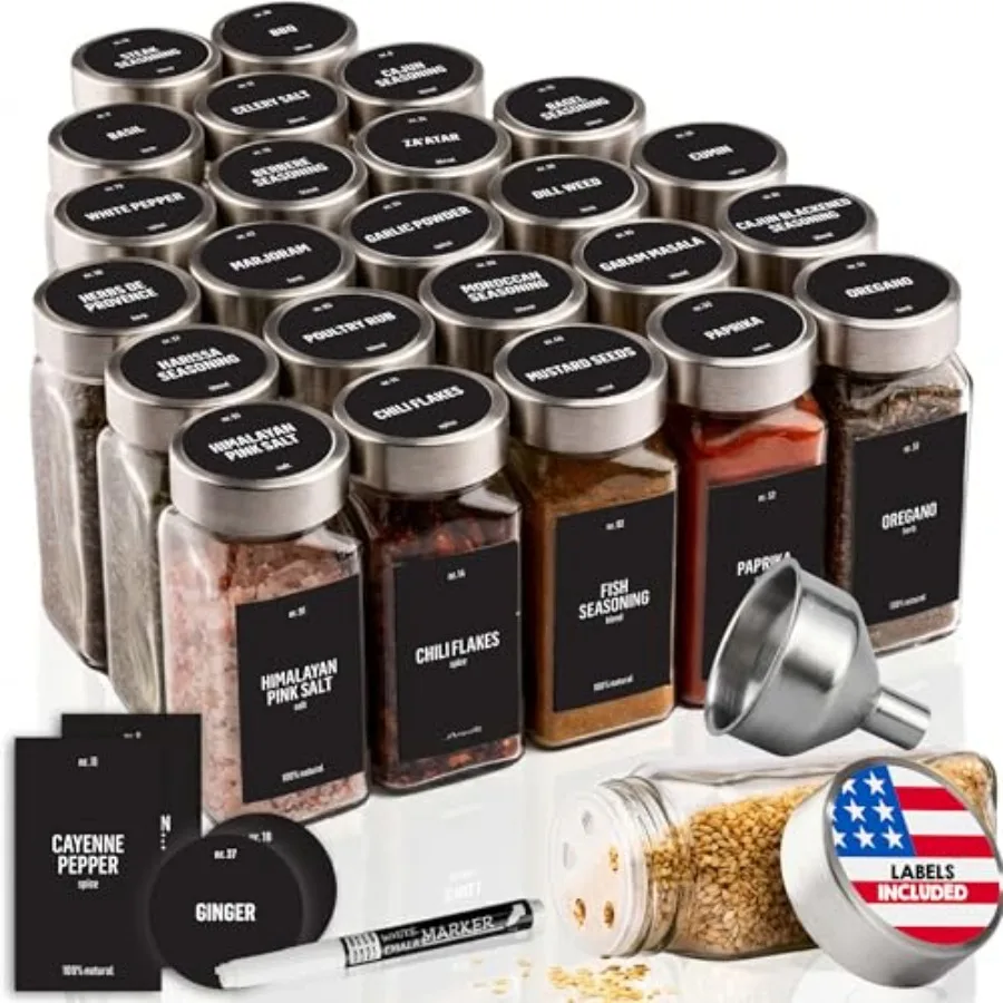 

Стеклянные баночки для специй с этикетками, 24 шт. по 4 унции [ЭТИКЕТКИ в комплекте], контейнеры для специй с 280 этикетками, крышки-шейкеры, воронка и маркер-карандаш - пустые