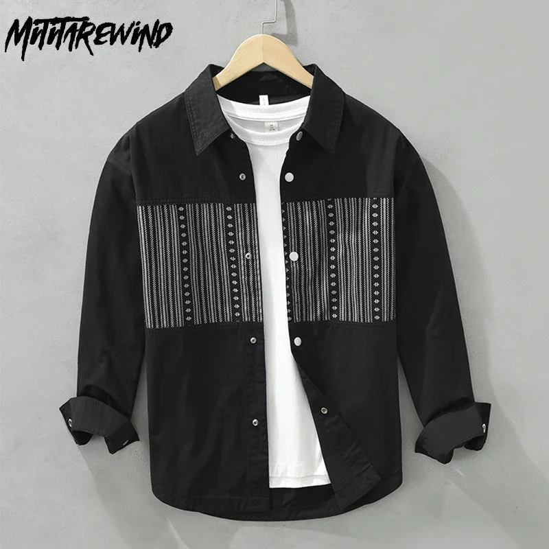 خريف جديد طويل الأكمام قميص أسود الرجال النمط الياباني قمصان غير رسمية رجل شريط المرقعة أزرار خاطفة قميص الشباب موضة فضفاضة