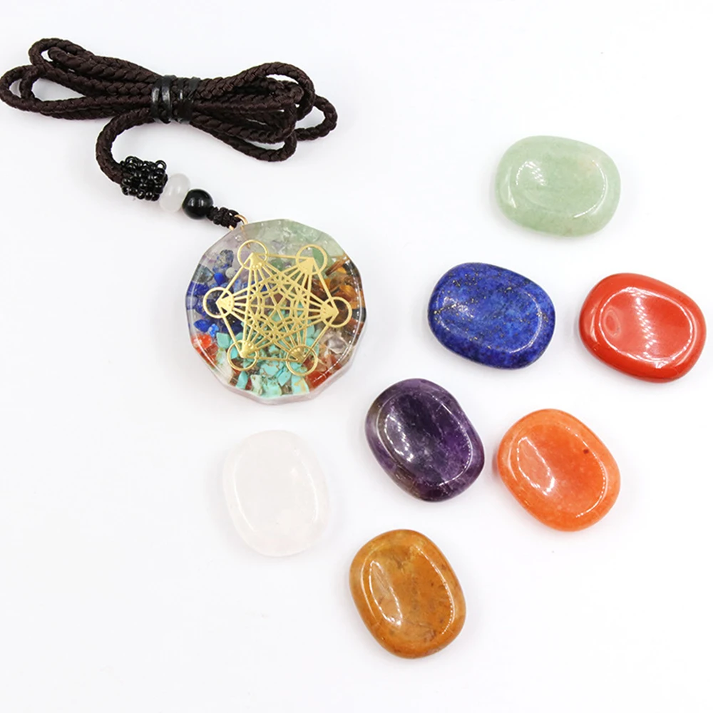 Orgone Pendant 7 Chakra Natural Thumb Worry Stone Set Healing Crystal Energy Generator Necklace Stress Relief Scraping Board