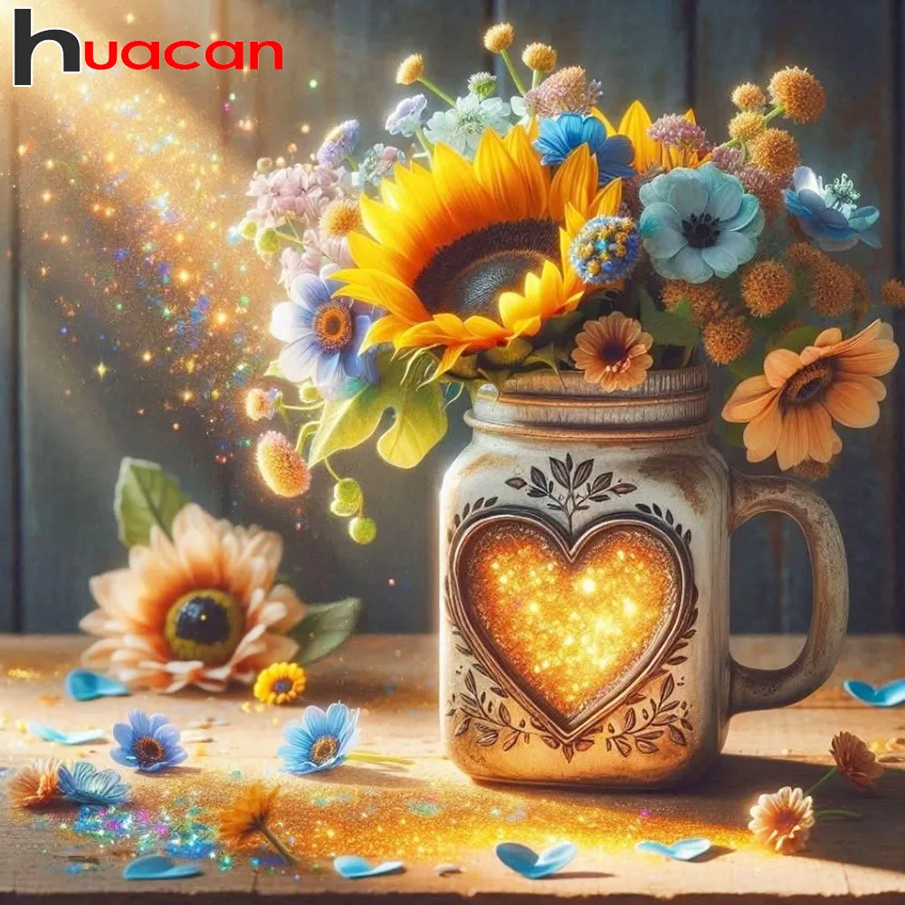 Huacan 5D-Diamantgemälde zum Selbermachen, Blumendekorationen, voll quadratisch, rund, Bohrer, Mosaikkunst, herzförmige Vase, Stickerei, komplettes Kit