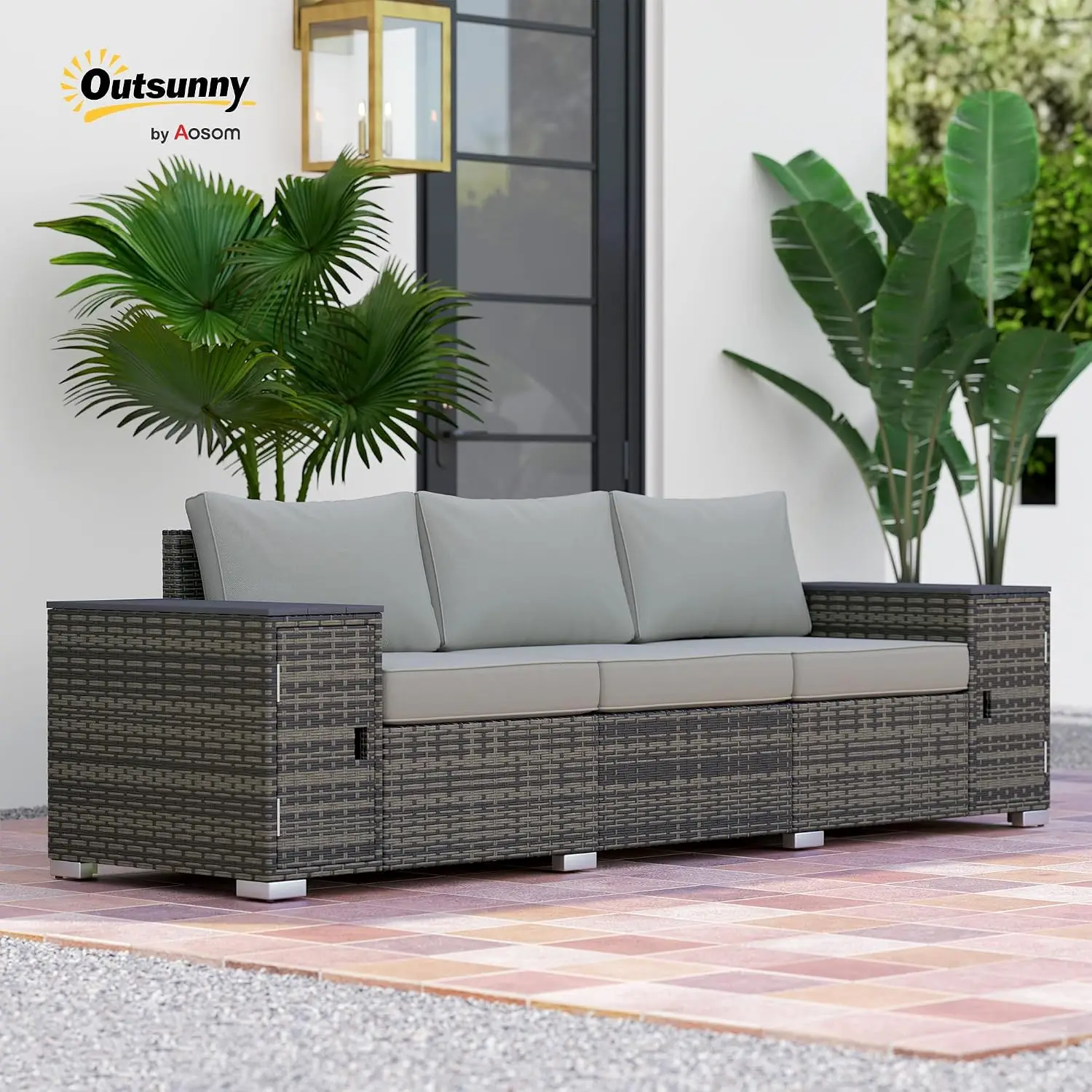 3 Seater Wicker Sofa With 2 Storage Side Tables Gray, Customized