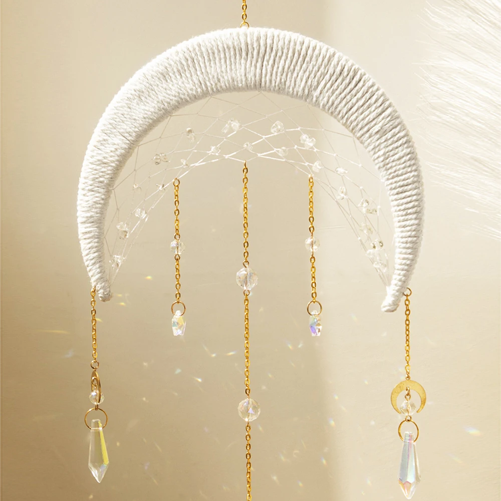 Crystal Dream Catcher Moon Suncatcher Hanging Decoration Rainbow Sun Catcher Prism Crystal Moon Ornament for Window Patio Garden