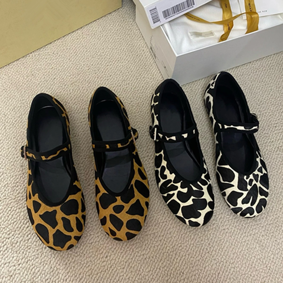 

Maxdutti Retro Horsehair Animal Leopard Print Mary Jane Shoes Minimalist Women's Genuine Leather Flat Shoes Sandals Women