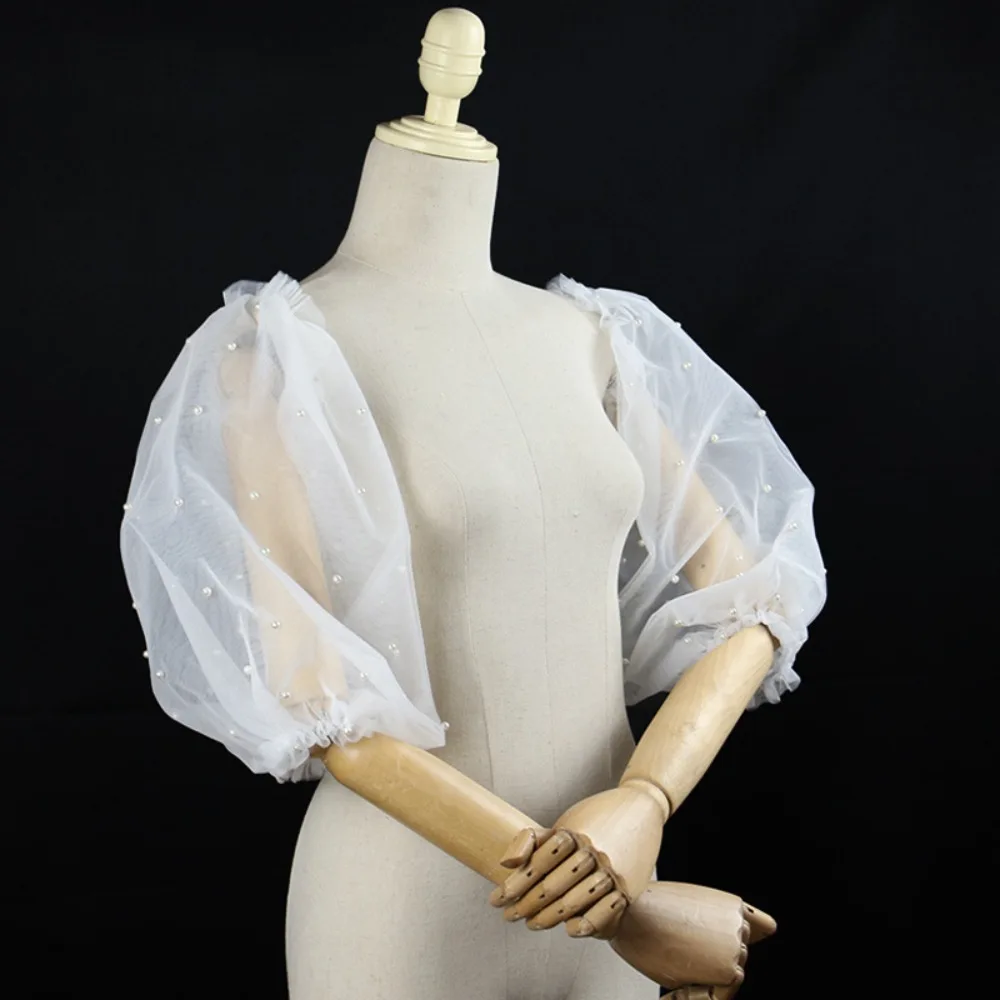 

Elegance Tulle Sleeves with Pearls Wedding Shawl for Bride Wedding Dress mangas para vestidos desmontable Bridal Accessories