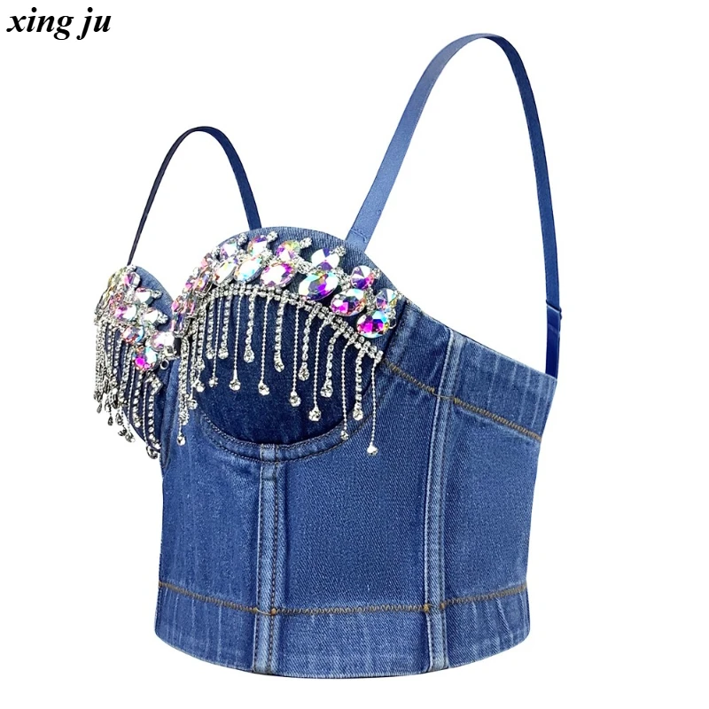 شينغ جو ملهى ليلي DJ مثير الدنيم المحاصيل القمم النساء ملابس رقص الجاز الملابس النسائية موضة الماس حبال سترة المغني المرحلة ارتداء #2