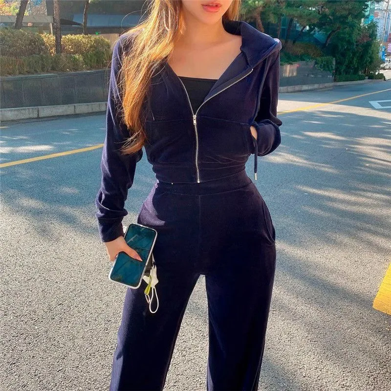 Pleuche Casual Slim Tracksuit Korea Hooded Sweatshirt Jackets Coats Tops Elastic High Waist Baggy Wide Leg Pants Two Piece Sets