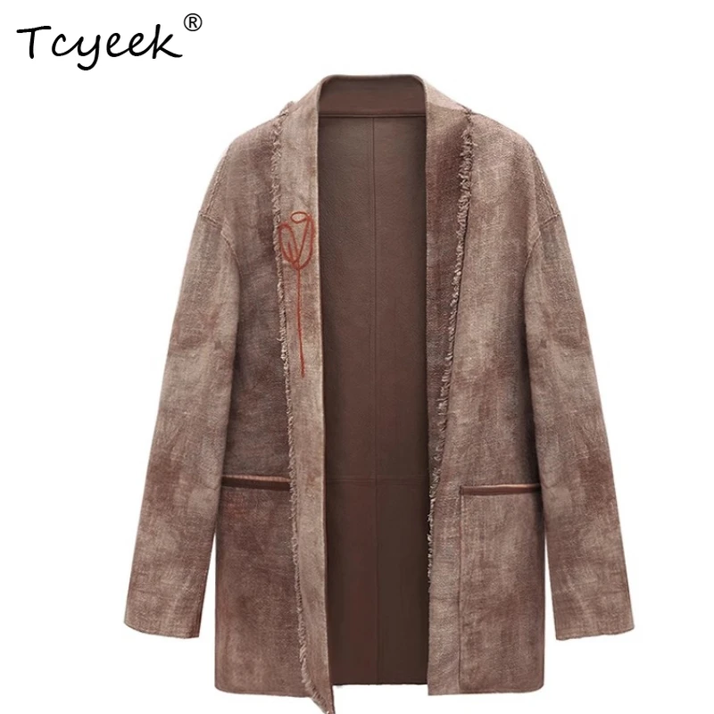 Tcyeek peau de mouton printemps automne haut de gamme rétro Double face col en v couleur café femmes veste en cuir véritable Jaqueta Couro