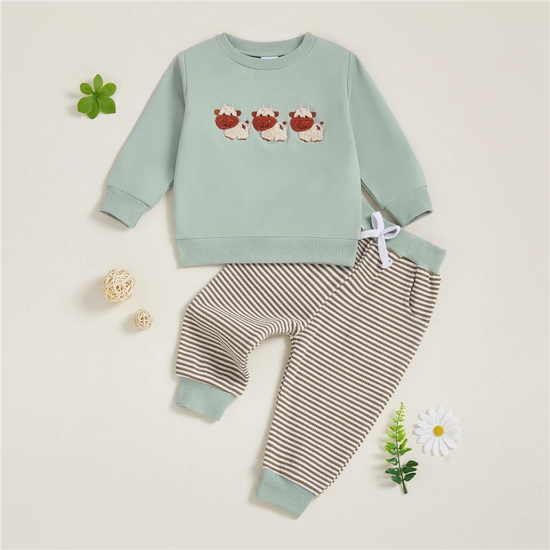 

Baby Boys Fall Clothing Toddler Outfits Long Sleeve Crew Neck Embroidery Cow Sweatshirt with Elastic Waist Pants Set Tracksuit