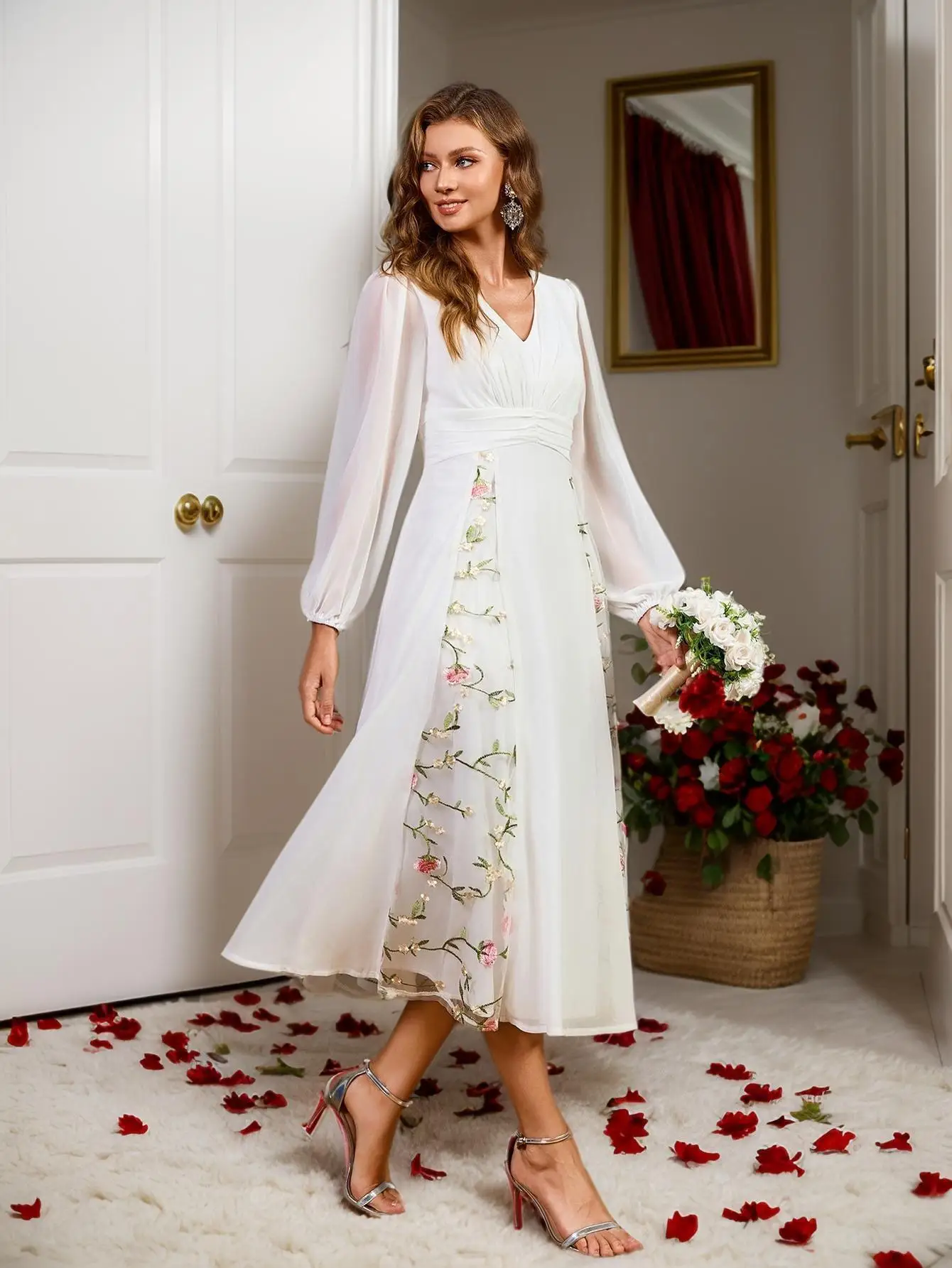 Nuova gonna soffice bianca Versatile scollo a V maniche a lanterna Gonna di media lunghezza Banchetto Matrimonio Sposa Regalo Festa Islam Elegante