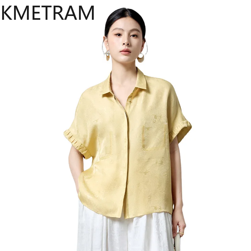 KMETRAM 19MM 92.4% Real Mulberry Silk Women's Blouses and Shirts Fashion Short Sleeve Summer Tops for Woman Clothing 2026 блузка