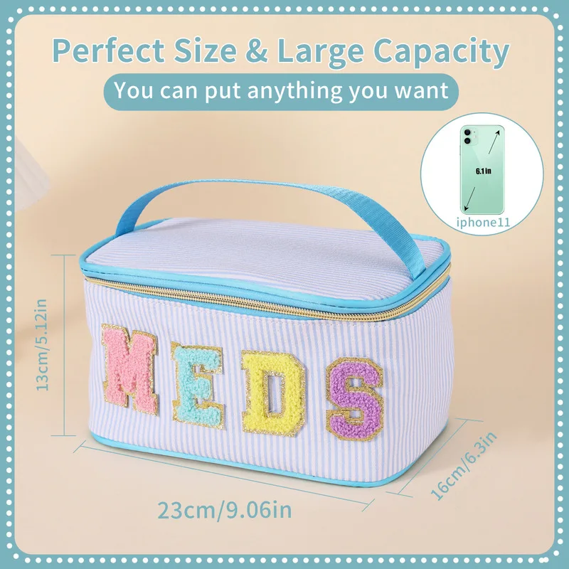 Portable Embroidered Letter Makeup Bag, Large Capacity, Wide Opening, Multifunctional Storage Bag, College Style Toiletry Bag