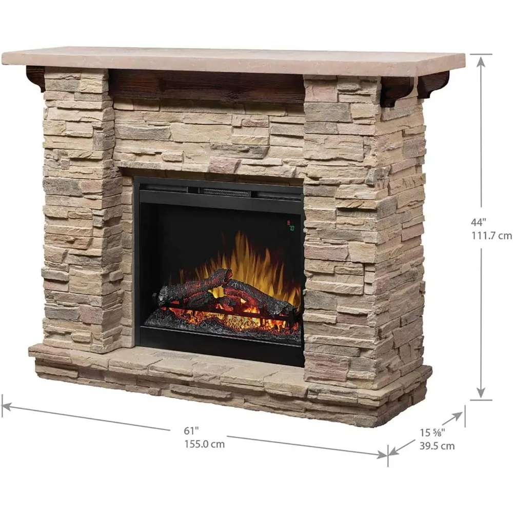 Electric Fireplace with Mantel Surround Package | Pine with Natural Stone-look, 26" Electric Fireplace